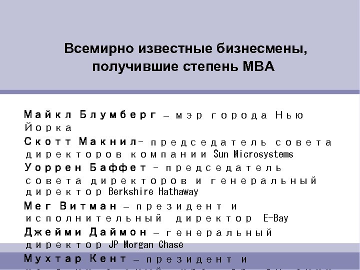  Всемирно известные бизнесмены, получившие степень MBA Майкл Блумберг – мэр города Нью Йорка