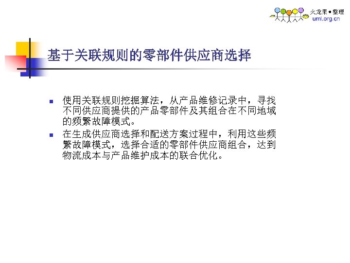 基于关联规则的零部件供应商选择 n n 使用关联规则挖掘算法，从产品维修记录中，寻找 不同供应商提供的产品零部件及其组合在不同地域 的频繁故障模式。 在生成供应商选择和配送方案过程中，利用这些频 繁故障模式，选择合适的零部件供应商组合，达到 物流成本与产品维护成本的联合优化。 