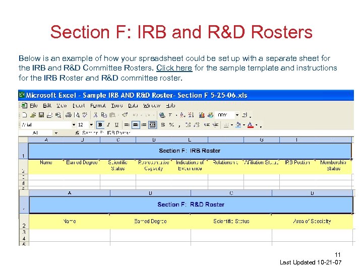 Section F: IRB and R&D Rosters Below is an example of how your spreadsheet