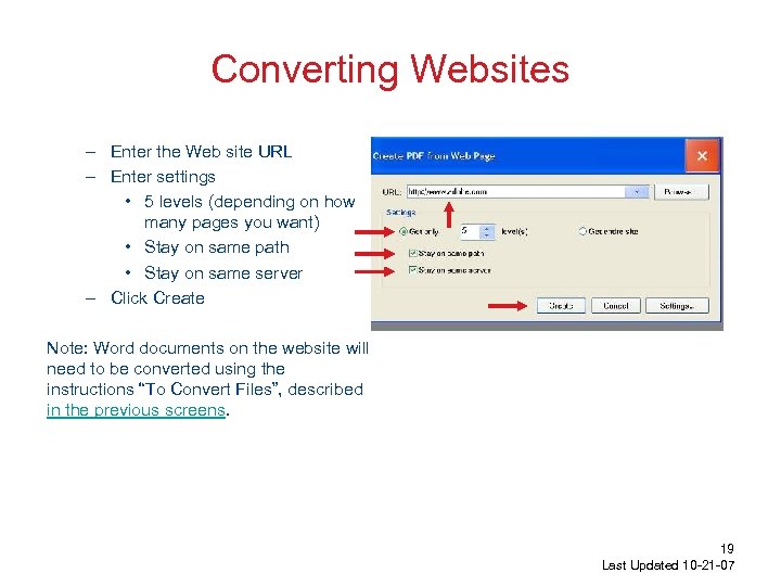 Converting Websites – Enter the Web site URL – Enter settings • 5 levels