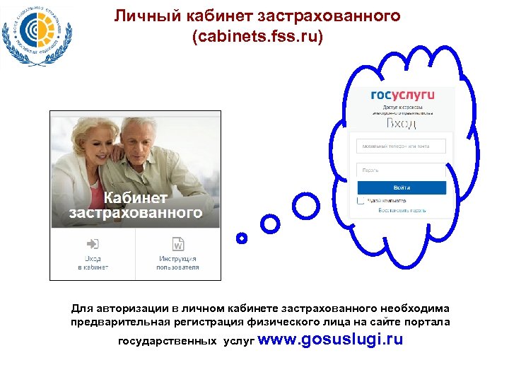 Личный кабинет застрахованного (cabinets. fss. ru) Для авторизации в личном кабинете застрахованного необходима предварительная