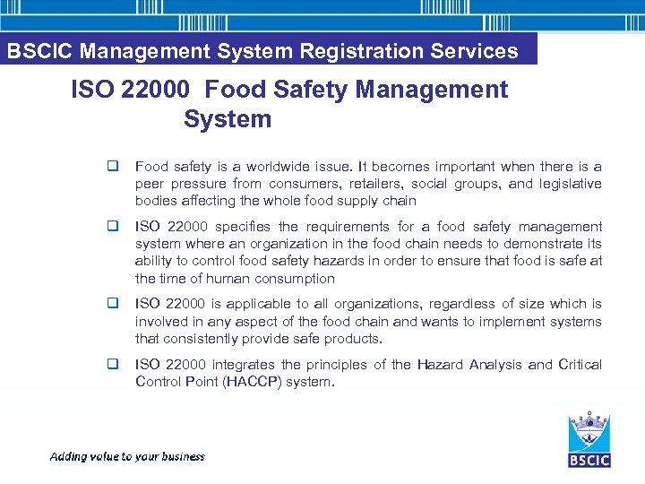 BSCIC Management System Registration Services ISO 22000 Food Safety Management System q Food safety