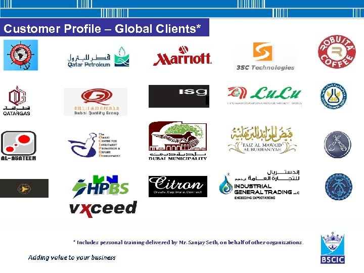 Customer Profile – Global Clients* * Includes personal training delivered by Mr. Sanjay Seth,
