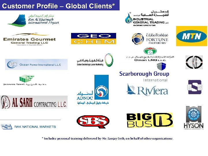Customer Profile – Global Clients* * Includes personal training delivered by Mr. Sanjay Seth,
