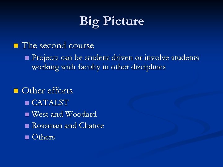 Big Picture n The second course n n Projects can be student driven or