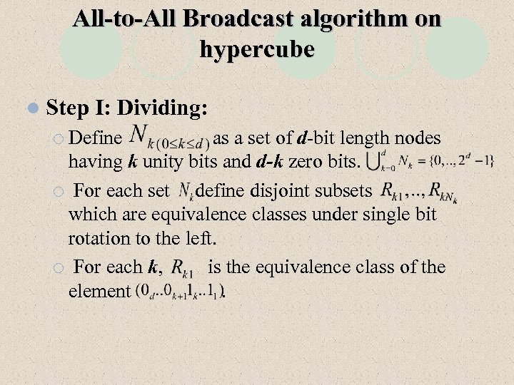 All-to-All Broadcast algorithm on hypercube l Step I: Dividing: ¡ Define as a set