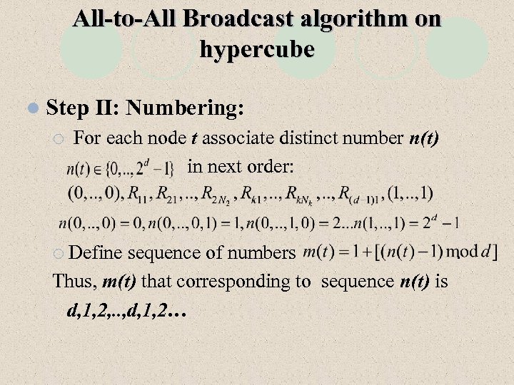 All-to-All Broadcast algorithm on hypercube l Step ¡ II: Numbering: For each node t