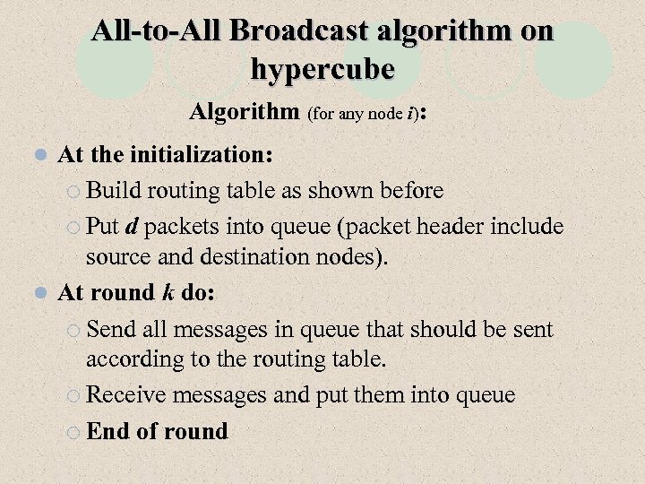 All-to-All Broadcast algorithm on hypercube Algorithm (for any node i): At the initialization: ¡