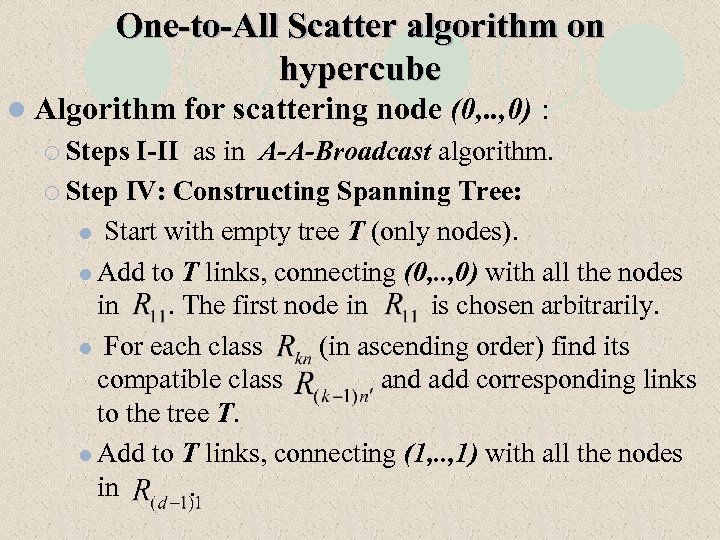 One-to-All Scatter algorithm on hypercube l Algorithm ¡ Steps for scattering node (0, .