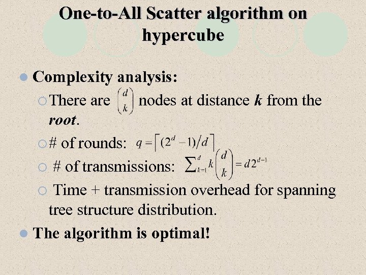 One-to-All Scatter algorithm on hypercube l Complexity analysis: ¡ There are nodes at distance