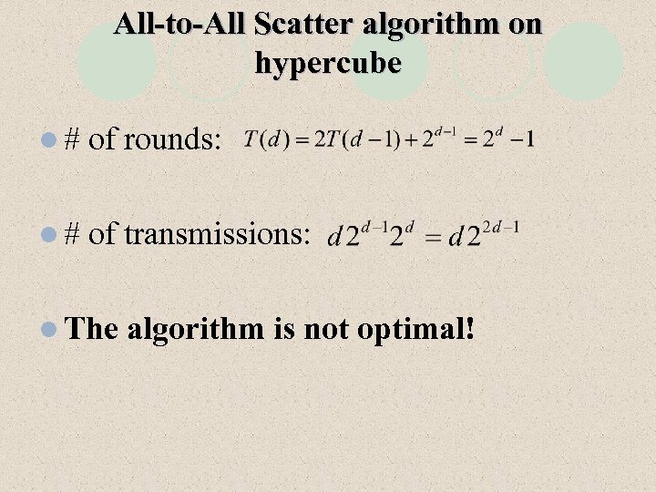 All-to-All Scatter algorithm on hypercube l# of rounds: l# of transmissions: l The algorithm