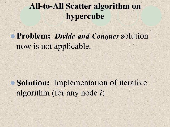 All-to-All Scatter algorithm on hypercube l Problem: Divide-and-Conquer solution now is not applicable. l