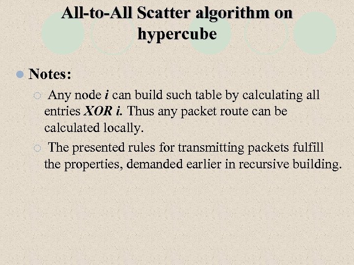 All-to-All Scatter algorithm on hypercube l Notes: Any node i can build such table