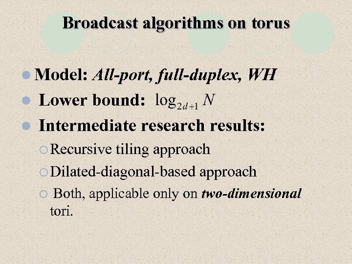 Broadcast algorithms on torus l Model: All-port, full-duplex, WH l Lower bound: l Intermediate
