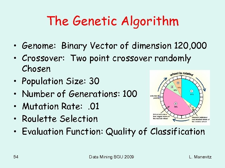 The Genetic Algorithm • Genome: Binary Vector of dimension 120, 000 • Crossover: Two