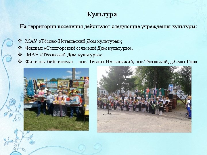 Культура На территории поселения действуют следующие учреждения культуры: v v МАУ «Тёсово-Нетыльский Дом культуры»