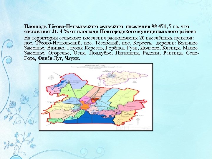 Площадь Тёсово-Нетыльского сельского поселения 98 471, 7 га, что составляет 21, 4 % от