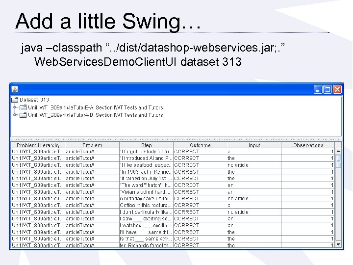 Add a little Swing… java –classpath “. . /dist/datashop-webservices. jar; . ” Web. Services.