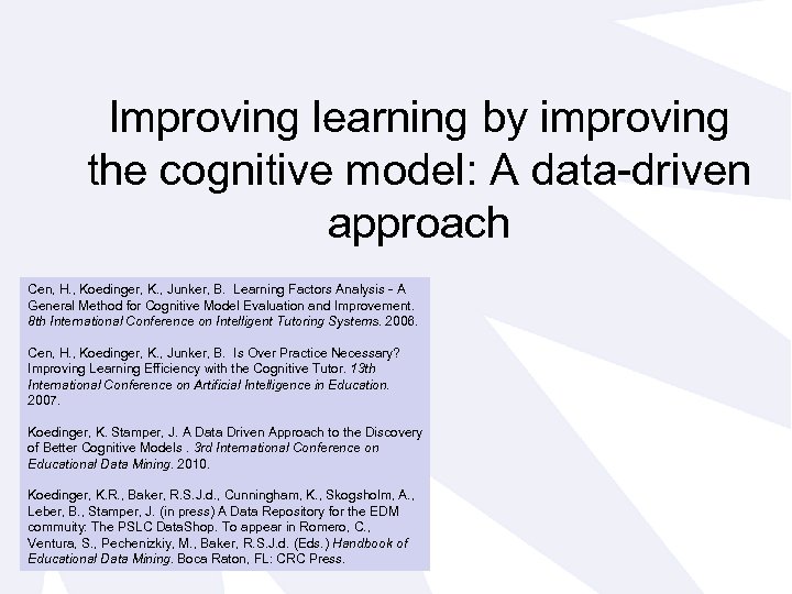 Improving learning by improving the cognitive model: A data-driven approach Cen, H. , Koedinger,