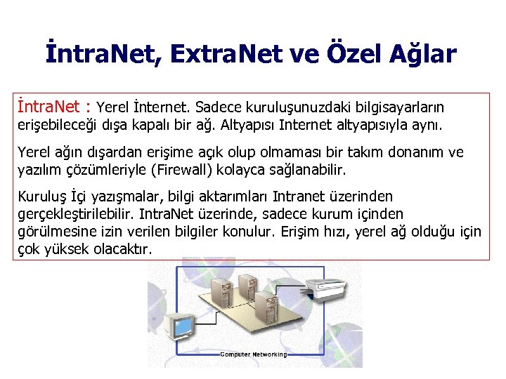 İntra. Net, Extra. Net ve Özel Ağlar İntra. Net : Yerel İnternet. Sadece kuruluşunuzdaki