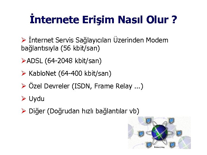 İnternete Erişim Nasıl Olur ? İnternet Servis Sağlayıcıları Üzerinden Modem bağlantısıyla (56 kbit/san) ADSL