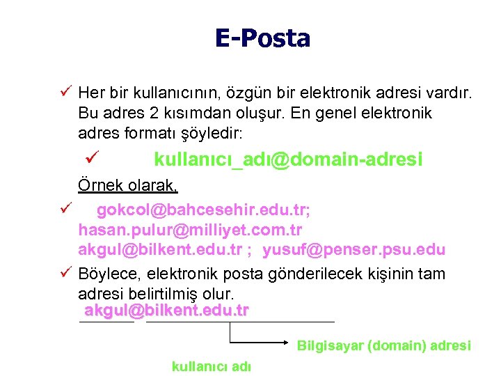 E-Posta Her bir kullanıcının, özgün bir elektronik adresi vardır. Bu adres 2 kısımdan oluşur.