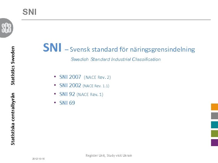 SNI – Svensk standard för näringsgrensindelning Swedish Standard Industrial Classification • • 2012 -10