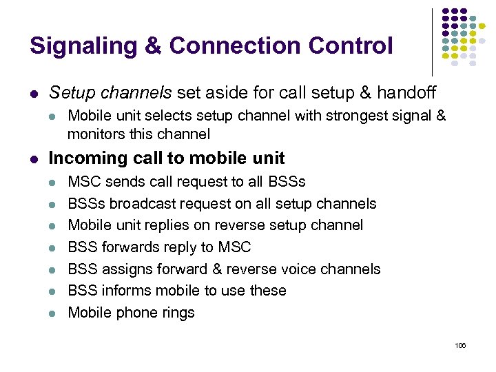 Signaling & Connection Control Setup channels set aside for call setup & handoff Mobile