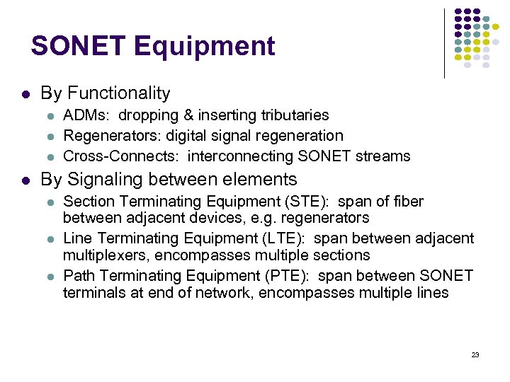 SONET Equipment By Functionality ADMs: dropping & inserting tributaries Regenerators: digital signal regeneration Cross-Connects: