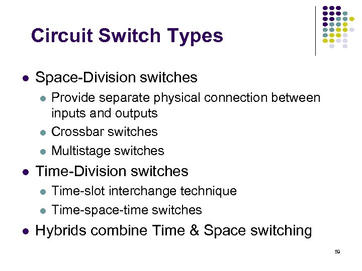Circuit Switch Types Space-Division switches Time-Division switches Provide separate physical connection between inputs and