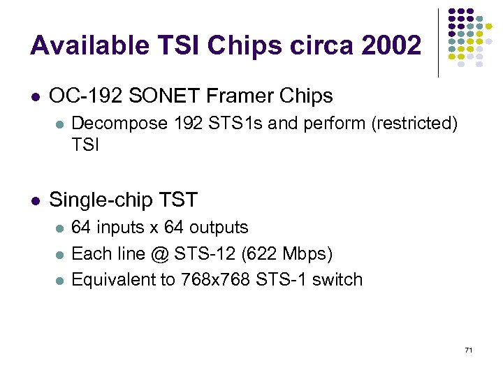 Available TSI Chips circa 2002 OC-192 SONET Framer Chips Decompose 192 STS 1 s