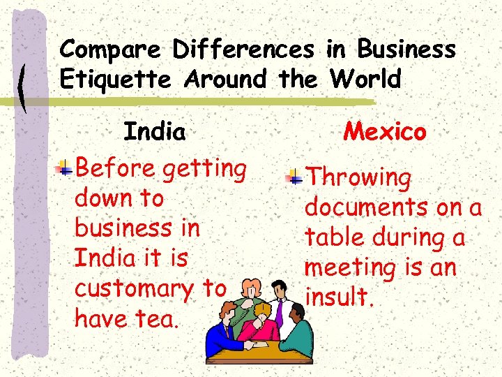 Compare Differences in Business Etiquette Around the World India Before getting down to business
