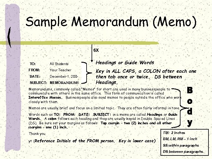 Sample Memorandum (Memo) 6 X TO: All Students FROM: Your Teacher DATE: December 1,