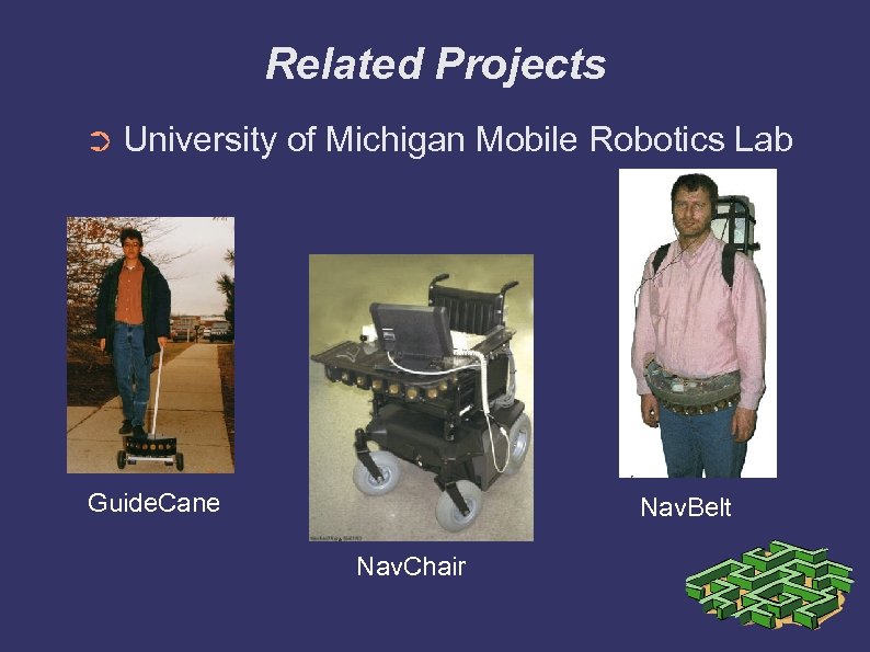 Related Projects ➲ University of Michigan Mobile Robotics Lab Guide. Cane Nav. Belt Nav.