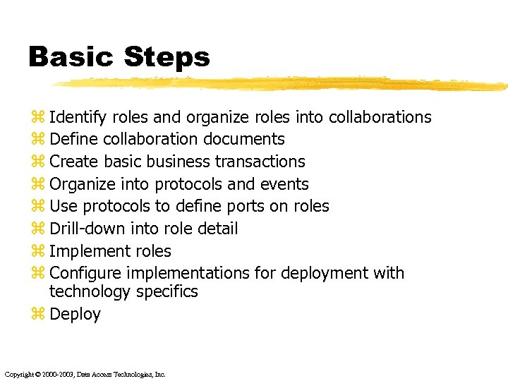 Basic Steps z Identify roles and organize roles into collaborations z Define collaboration documents