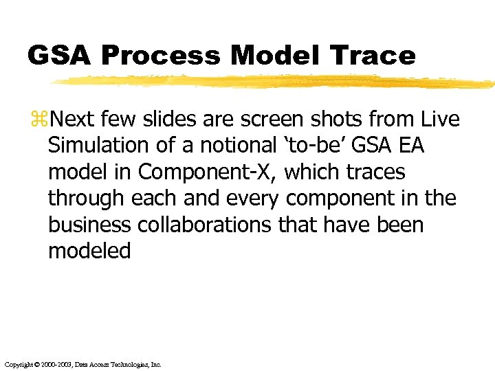 GSA Process Model Trace z. Next few slides are screen shots from Live Simulation