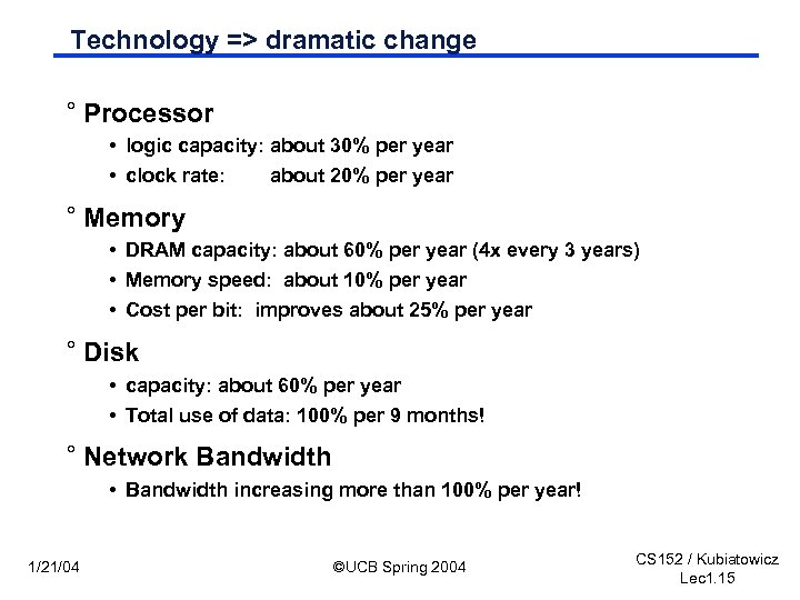 Technology => dramatic change ° Processor • logic capacity: about 30% per year •