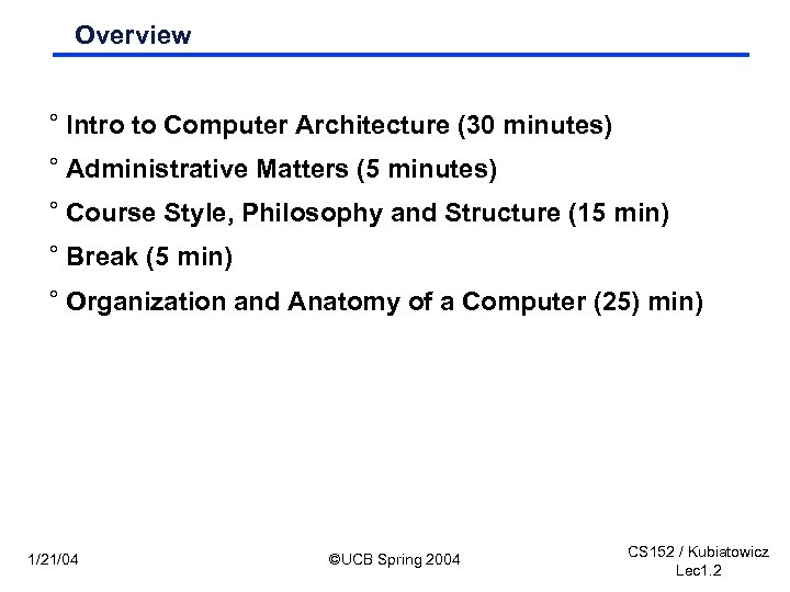 Overview ° Intro to Computer Architecture (30 minutes) ° Administrative Matters (5 minutes) °