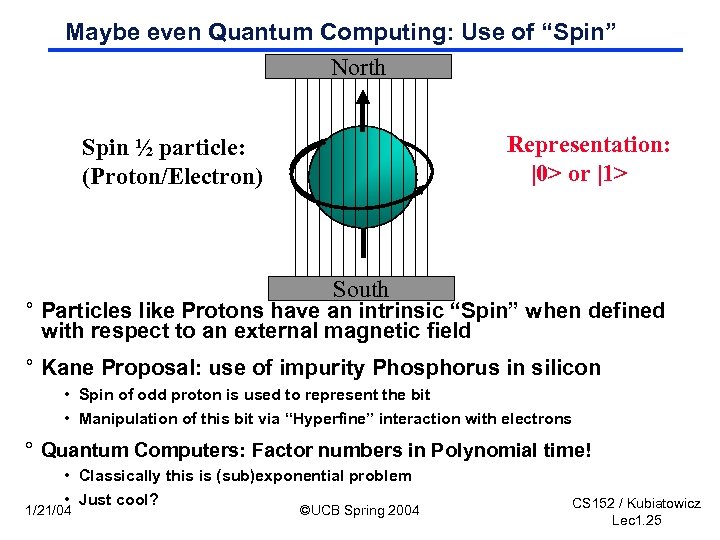Maybe even Quantum Computing: Use of “Spin” North Representation: |0> or |1> Spin ½
