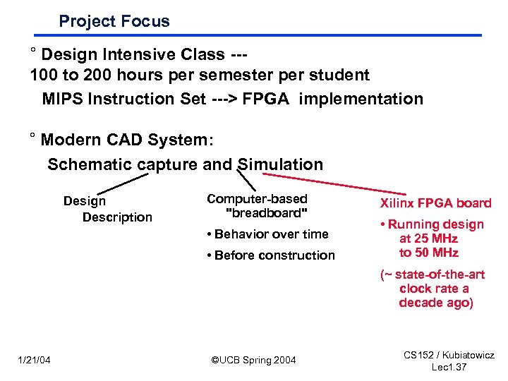 Project Focus ° Design Intensive Class --100 to 200 hours per semester per student