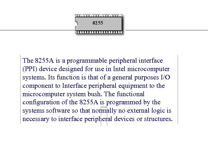 The 8255 A is a programmable peripheral interface (PPI) device designed for use in