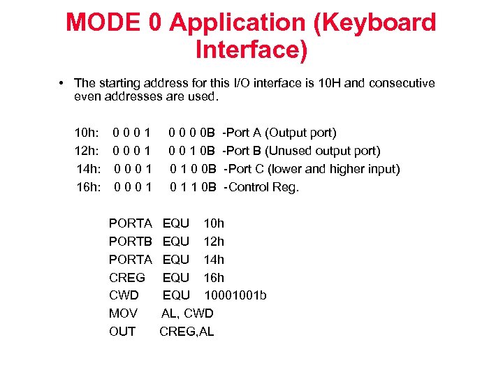 MODE 0 Application (Keyboard Interface) • The starting address for this I/O interface is