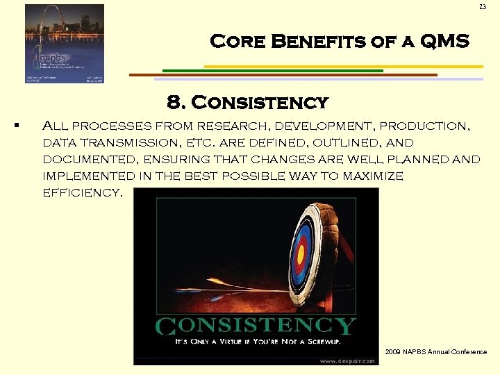 23 Core Benefits of a QMS 8. Consistency § All processes from research, development,
