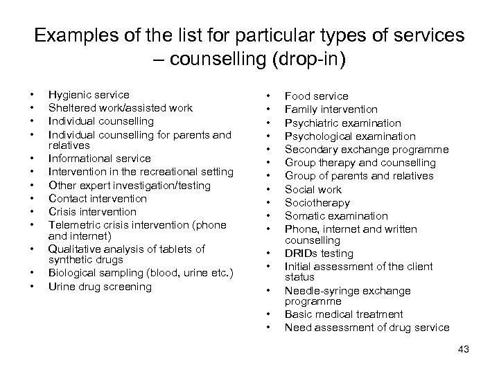 Examples of the list for particular types of services – counselling (drop-in) • •