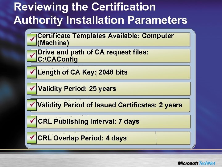 Reviewing the Certification Authority Installation Parameters Certificate Templates Available: Computer ü (Machine) Drive and