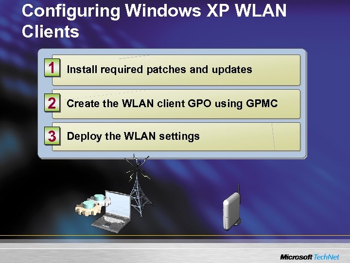 Configuring Windows XP WLAN Clients 1 Install required patches and updates 2 Create the