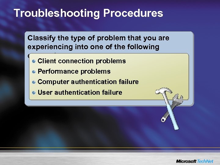 Troubleshooting Procedures Classify the type of problem that you are experiencing into one of