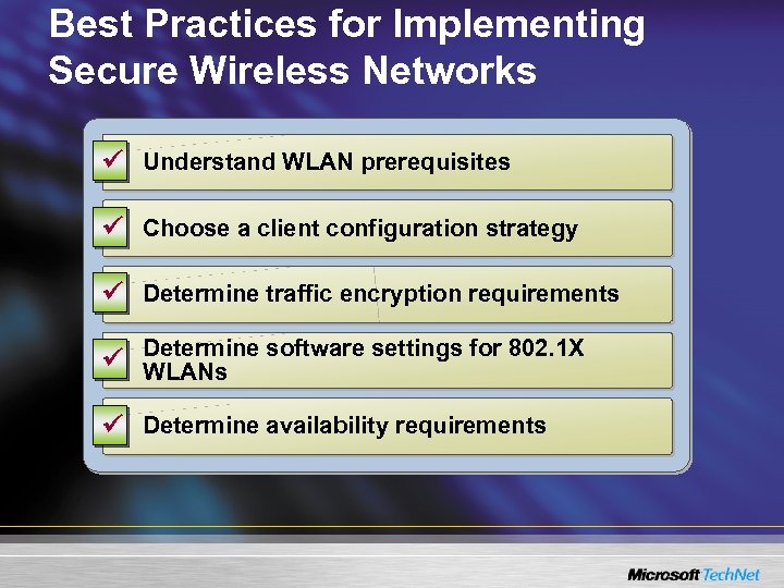 Best Practices for Implementing Secure Wireless Networks ü Understand WLAN prerequisites ü Choose a