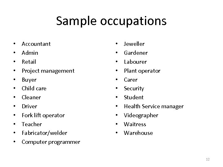 Sample occupations • • • Accountant Admin Retail Project management Buyer Child care Cleaner