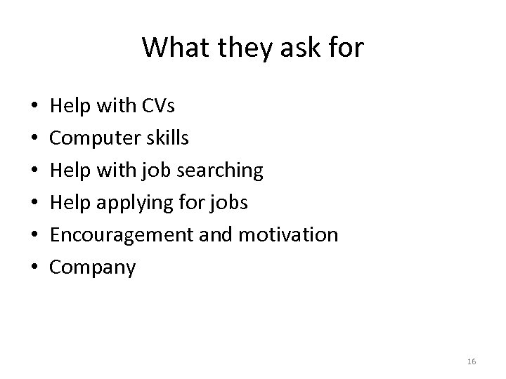 What they ask for • • • Help with CVs Computer skills Help with